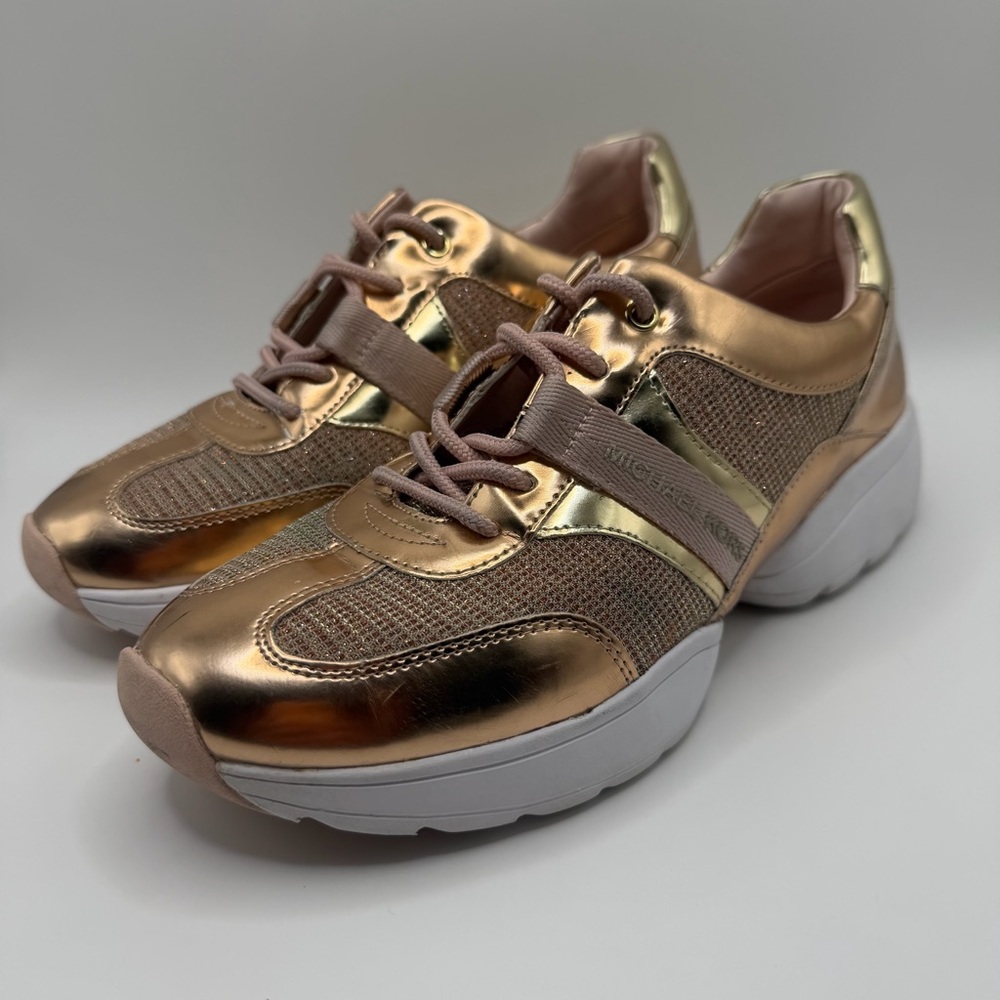 Michael Kors Women’s Metallic Rose Gold Sneakers Size 8M Fashion Trainer Lace Up